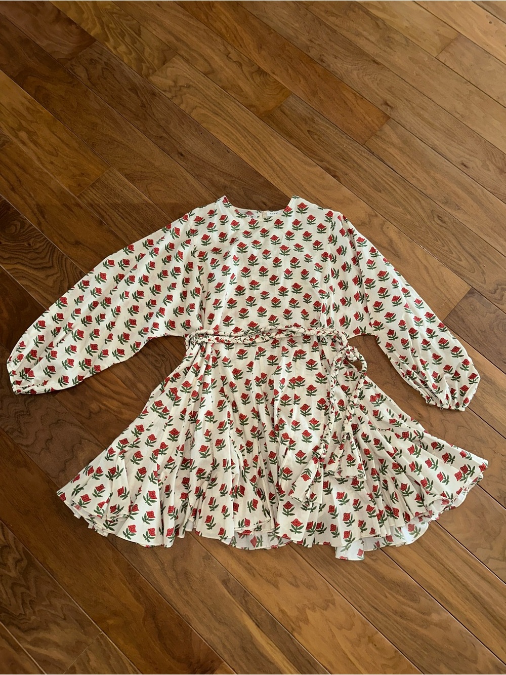 RHODE Cream Floral Long-Sleeve Twirl Dress with Red Flowers